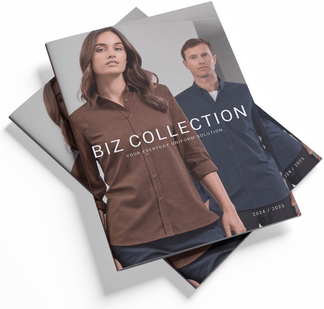 Biz Collection catalogue featuring promotional apparel polos shirts and uniforms for custom embroidery by Finer Embroidery