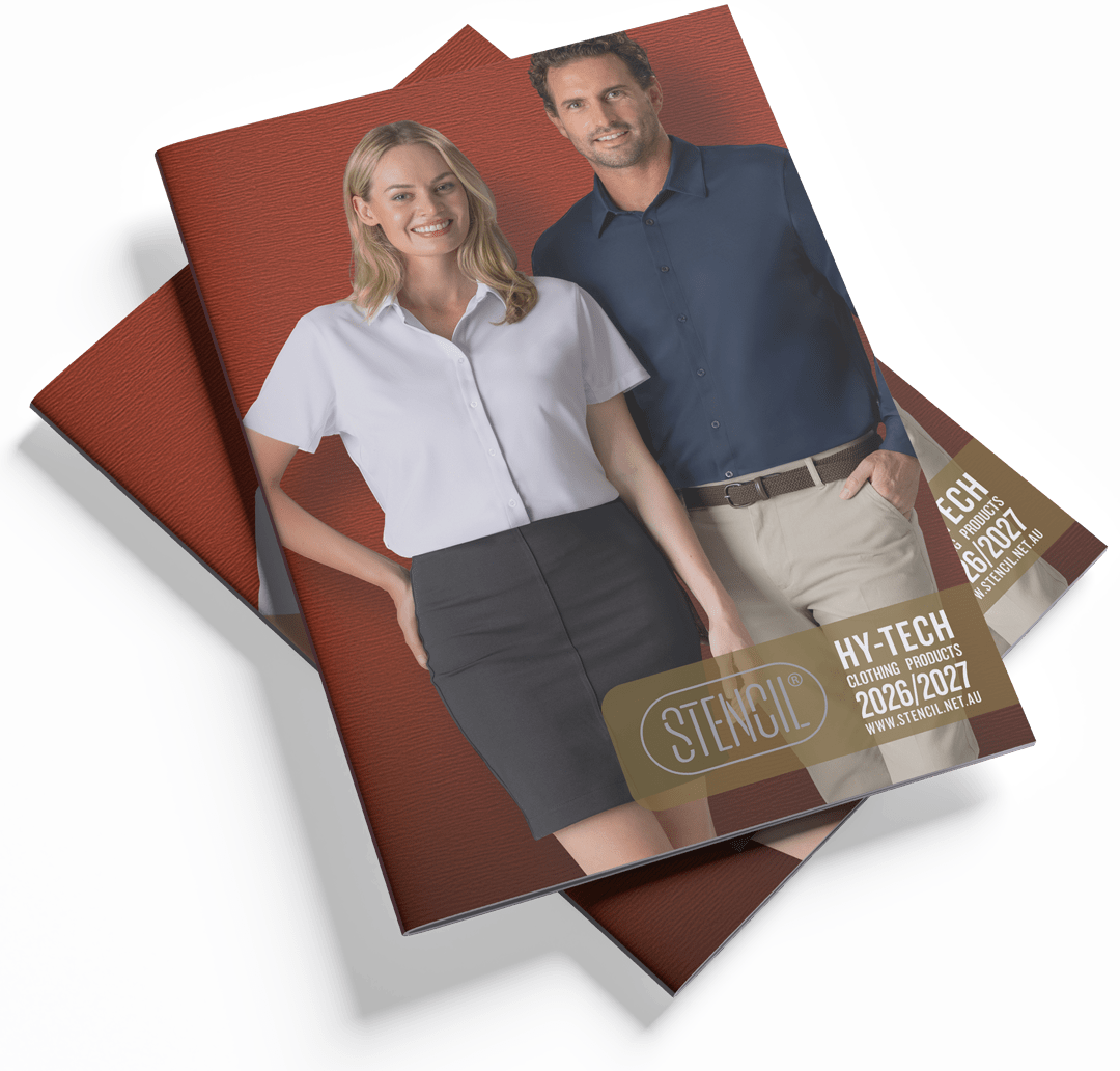 Stencil catalogue featuring corporate polos shirts and performance apparel for custom embroidery by Finer Embroidery